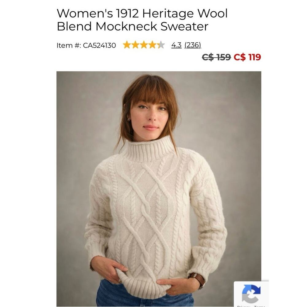 Size 1x Cream Women's L.L. Bean 1912 Heritage Wool Blend Mockneck Sweater - Picture 2 of 6